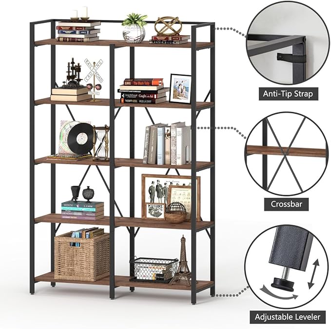 BON AUGURE Industrial Bookshelf, Bookcases and Bookshelves Etagere, Tall Large Farmhouse Book Shelves, 5 Tier Open Bookcase, Wood Metal Shelving Unit for Bedroom, Office (Rustic Oak)