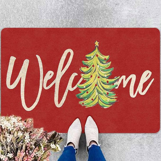 Christmas Welcome Tree Door Mat Merry Christmas Doormat Indoor Outdoor Entrance Floor Rug Non Slip Winter Decor Rubber Welcome Mats, 16" x 24" Inch