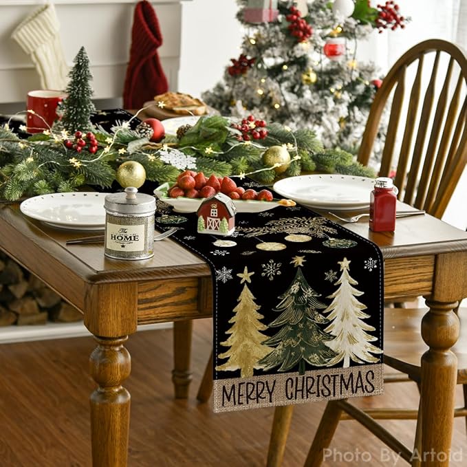 Artoid Mode Black Pine Trees Snowflake Merry Christmas Table Runner, Winter Holiday Kitchen Dining Table Decoration for Home Party Decor 13x72 Inch
