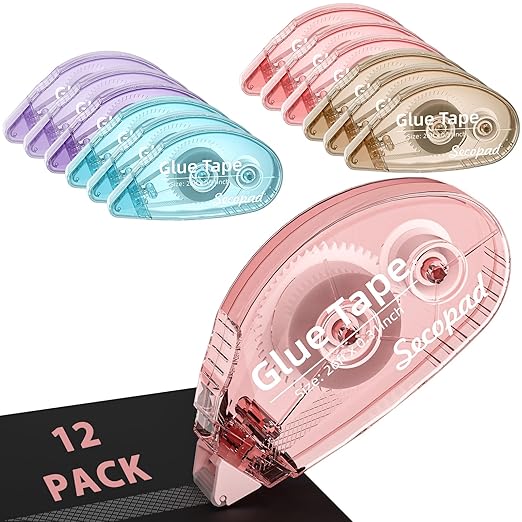 12 Pack Scrapbook Tape, Double Sided Tape Roller for Crafts, Adhesive Glue Runner for Scrapbooking Journal Supplies, Glue Roller School Office Teacher Supply for Kids and Adults, 0.3IN x 26FT