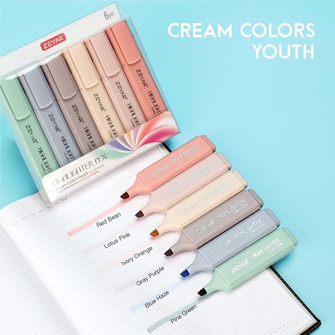 ZEYAR Highlighter Pen, Cream Colors Chisel Tip, Aesthetic Highlighter Marker, Water Based, Quick Dry, No Bleed, for Bible Study Notes School Office (6 Youth Colors)