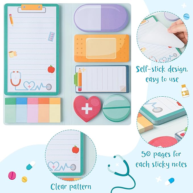 Xqumoi School Nurse Sticky Notes Set - Cute Cartoon Medical Self-Stick Note Pads Writing Memo Pad Page Marker Bookmarker for Nursing Student Essentials Hospital Gift Back to School Office Supplies