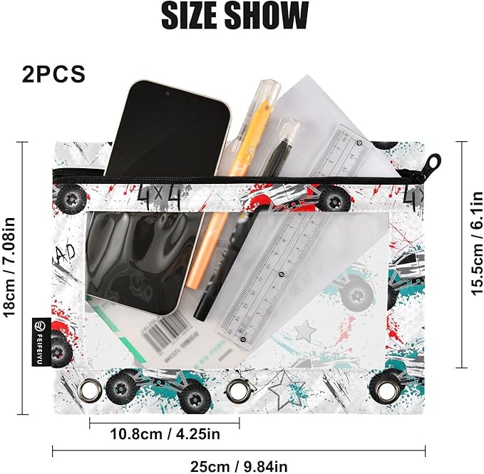 ZAZYXTJ Trucks Binder Pencil Pouchs 3 Ring with Zipper Clear Window Office Organizers bag for School Students Teacher Supplies 2 Pack