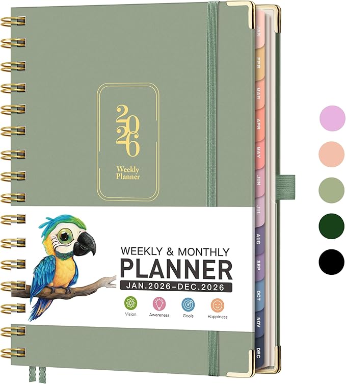 RETTACY 2026 Planner, Weekly and Monthly, Medium Size (5.7" x 8.3"), Jan - Dec 2026, Agenda, Calendar, 12 Month Tabs, Hardcover, 100 GSM Thick Paper, Spiral-bound (Light Green)