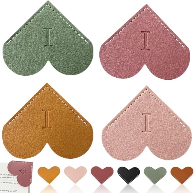 Personalized Leather Heart Bookmark, 26 Letters Customized Corner Book Mark for Reading Women, Book Marker with Initials，Cute Gifts (Light Pink+Deep Pink+Green+Light Brown, I)