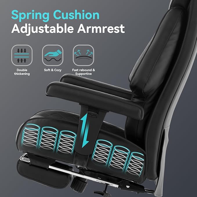 Big and Tall Office Chair with Footrest, PU Leather High Back Executive Office Chair 400lbs, Ergonomic Computer Chairs Lumbar Support for Heavy People (All Black)