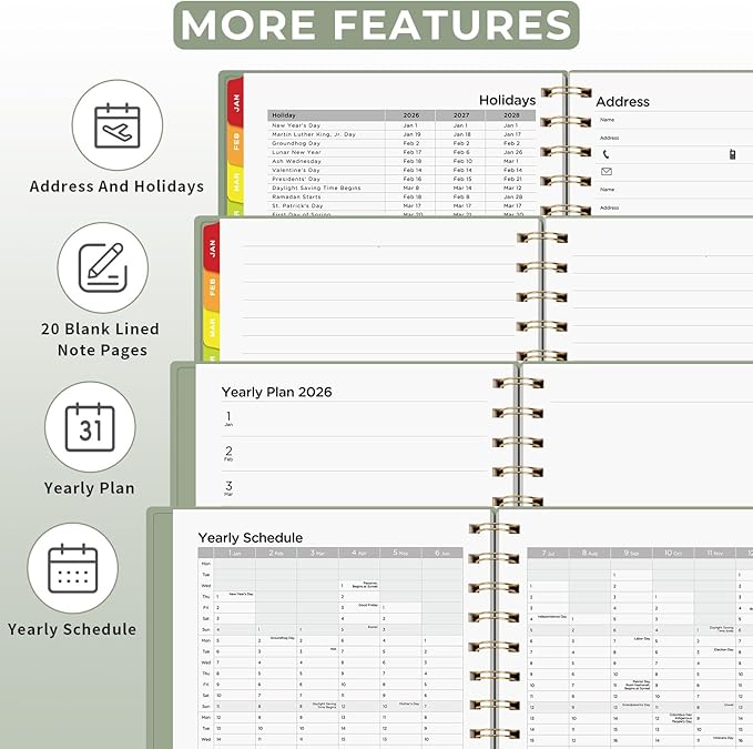 EMSHOI 2026 Planner - Weekly and Monthly Calendar (Jan-Dec), A5 (5.7"x8.3") Hardcover, 100GSM Thick Paper, PVC Cover, Inner Pocket, Colorful Tabs, Note Pages for Work School Home, Light Green