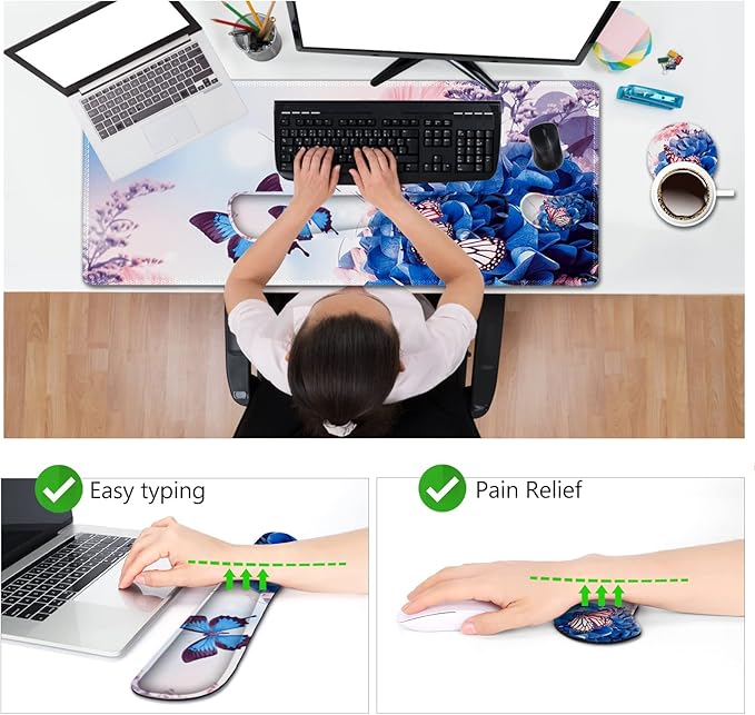 AIMSA Large Gaming Mouse Pad Set, Keyboard Wrist Rest Support Mouse Pad, Ergonomic Memory Foam Multifunctional Extended Desk Mat 35x15.7in Anti-Slip Rubber Base for Office Home, Butterfly Flower
