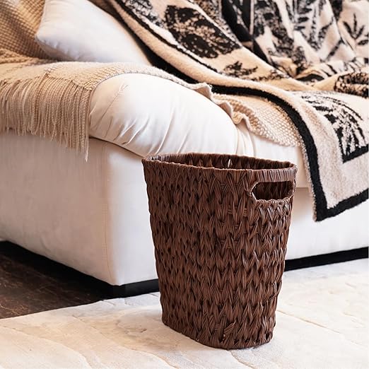 PINXIURY Wicker Trash Can,Watse Basket, Woven Bathroom Trash Can with Handles, Waste Paper Basket, Trash Cans for Bedroom,Decorative Boho Trash Can, 19 Liters/5 Gallons