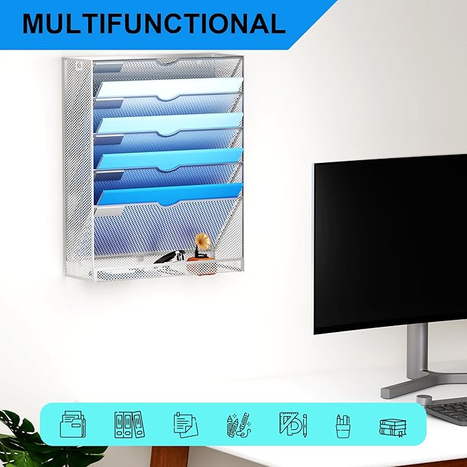 Hanging Wall File Organizer 6 Tier Wall Mounted File Holder Document Wall Organizer Magazine Organization for Office Home, Silver