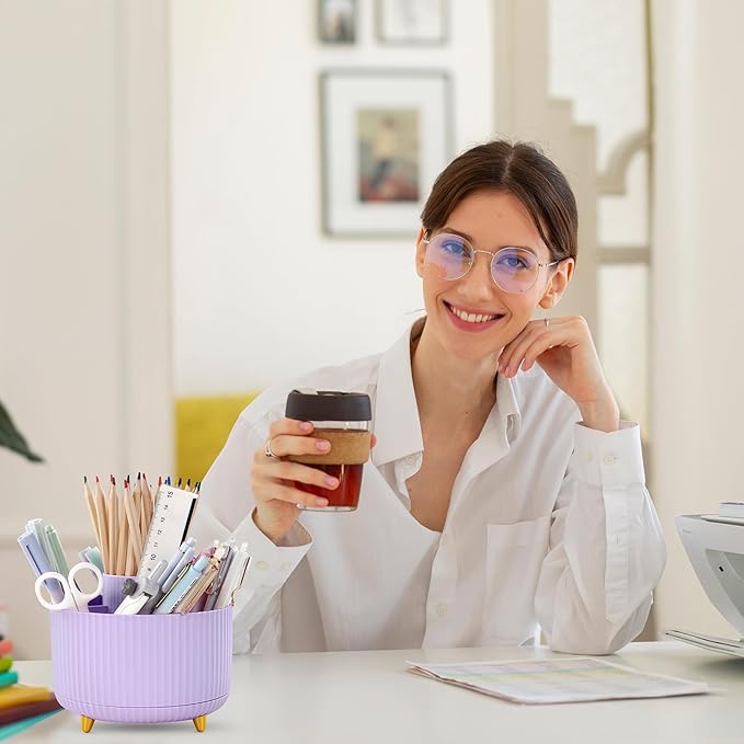 SKYDUE 2 Pack Pen Holder, 360 Degree Rotating Pencil Holder for Desk Organizer, Rotating Desktop Pen Organizer with 5 Slots, Office Supplies, Pencil Cup for Office, School, Home