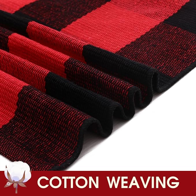 Christmas Red and Black Plaid Rug, 3' x 5' Cotton Hand-Woven Layered Door Mat for Front Porch, Entryway, Outdoor Holiday Decor, Washable Buffalo Check Rug for Home, Patio, Kitchen