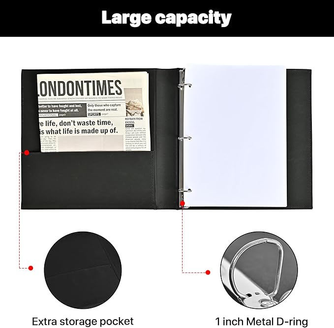 Vintage Hardback 3 Ring Binder 1 Inch, Professional Leather Binder 3 Ring, Three Ring Binders Fits 8.5" x 11", D Ring Binders for Photo Album, Home, School and Office Supplies- Black