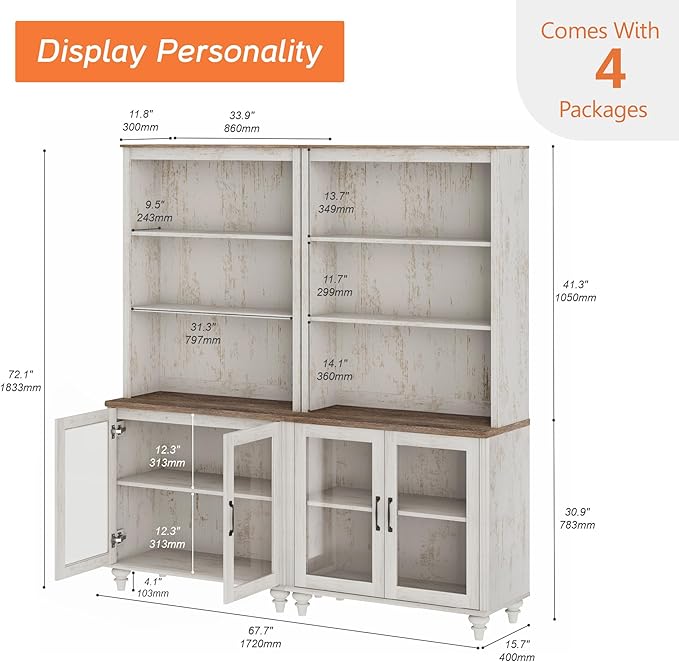WAMPAT 5 Tier Bookshelf, Bookcase with Glass Doors,Large Farmhouse Display Book Shelf with Adjustable Shelves and Storage Cabinet，Library Wood Bookshelves for Living Room,Kitchen, Rustic White (2PCS)