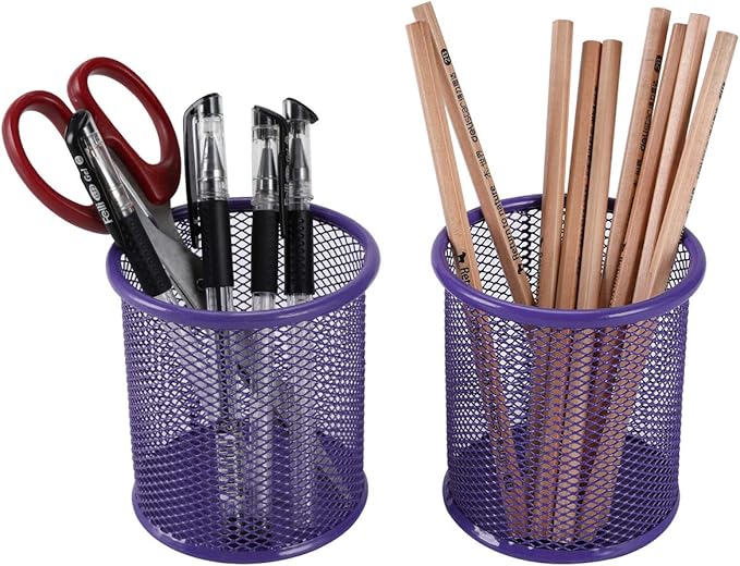 EasyPAG Round Mesh Pencil Holder 2 Pack Pen Holders Desk Pen Cups Organizer for Home, School Office, Purple