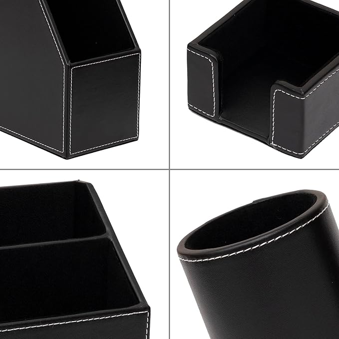 6 Piece Office Supplies/Desk Organizer Set with Desktop Leather Writing Pad,File Paper Tray,Magazine folder Holder, Pen Cup,Sticky Note Holder,Letter Mail Sorter,Workspace Decor for Women Men Black