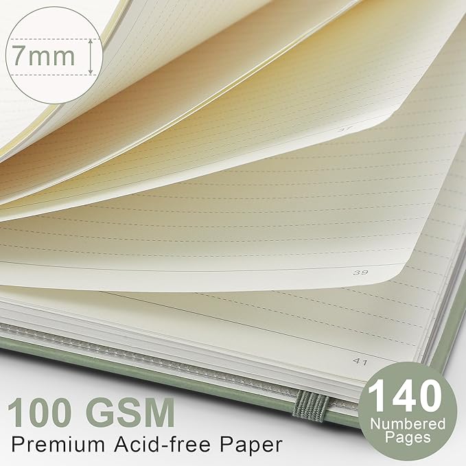 RETTACY Lined Journal Notebook, 140 Numbered Pages, A5 Medium Size (5.7'' x 8.3''), for Men & Women, Journaling, Writing, Work & Office, Spiral-bound, Hardcover, 100 GSM Thick Paper (Light Green)
