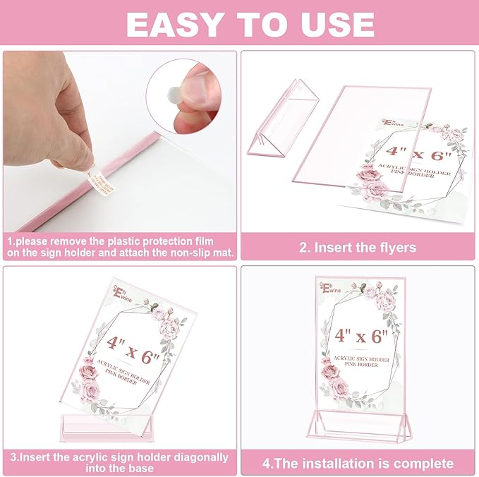 EHWINE 12 Pack Acrylic Sign Holder 4 x 6, Double-Sided Stand up Table Top Sign Holders, Pink Acrylic Picture Frame Menu Flyer Paper Holder Display Stand for Office Business Store Wedding Party