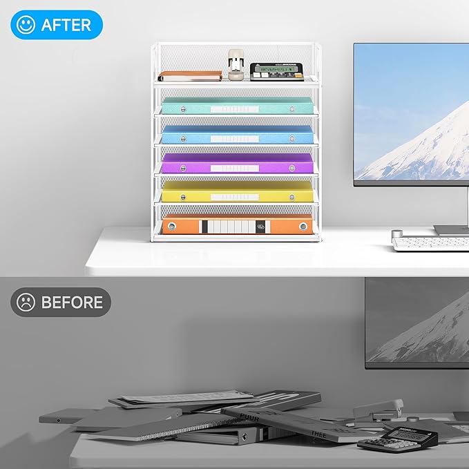 6 Tray Paper Organizer Letter Tray with Handle - Mesh Desk File Organizer, Paper Sorter Organizer for Office, Home or School File Folder Holder - White