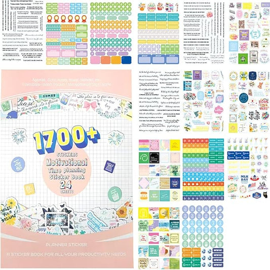 1700+ Planner Stickers Book, 24 Sheets Waterproof Repositionable Stickers for Journal, Bullet Planner, Scrapbook & Calendar, Functional Decorative Sticker Set & Gift (Inspirational Time)
