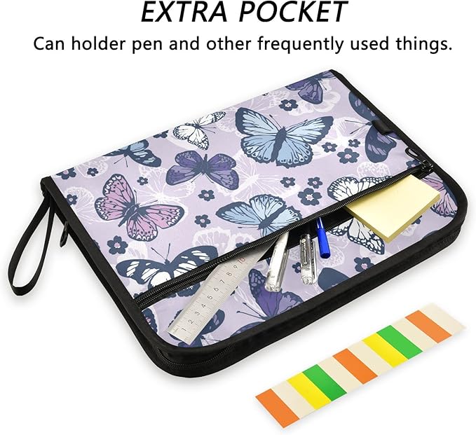 Expanding File Folder,13 Pocket Accordion File Folders with Sticky Labels, A4 Letter Size Paper Document Organizer with Zipper Closure for Office School Boys Girls,Butterfly and Flower