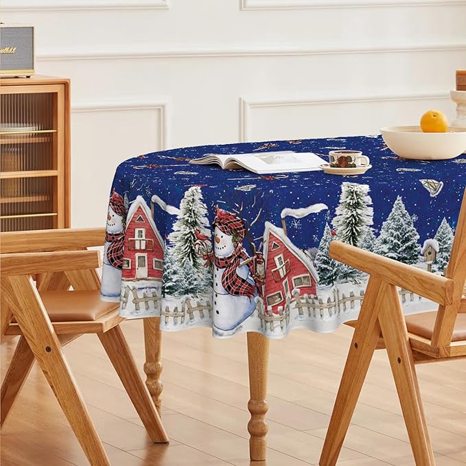 Horaldaily Christmas Tablecloth 60×84 Inch Oval, Winter Snowman House Christmas Trees Blue Washable Table Cover for Party Picnic Dinner Decor