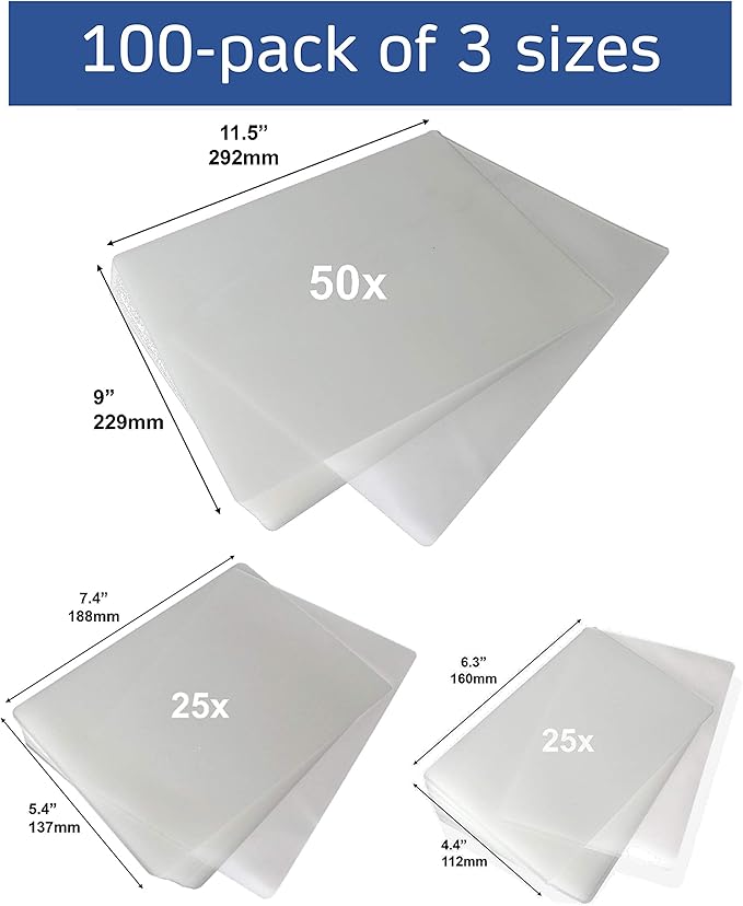 Jasel 100-pack Thermal Laminating Pouches Bundle Pack, 5 Mil Thickness, Assorted Hot Laminator Sheets Clear Pockets, Variety of Sizes for Letter Size 8.5x11 inch, Photo Sizes 5x7 inch and 4x6 inch