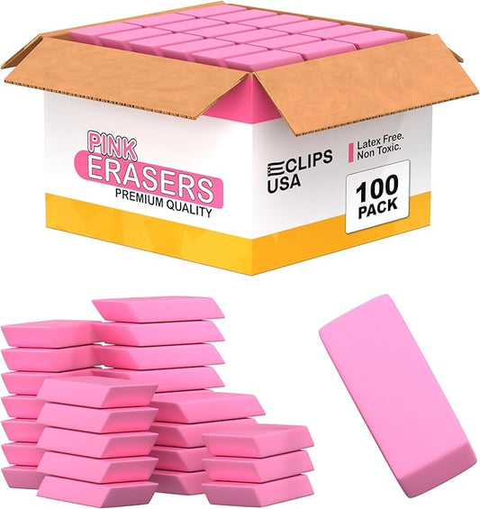Erasers Bulk, 100 Pink Erasers for School, School Supplies for Kids
