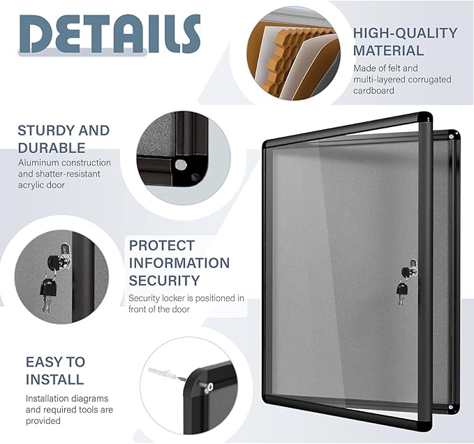 Enclosed Bulletin Board Lockable Display Case Message Board with Locking Door for Indoor, Grey Felt, Black Aluminum Frame, 26 X 20 in