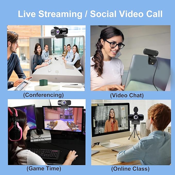 Full HD 1080p Webcam with Privacy Shutter and Tripod, Video and Wide Angle Camera, Built-in Mic, Widescreen USB Computer Camera for Laptop Desktop