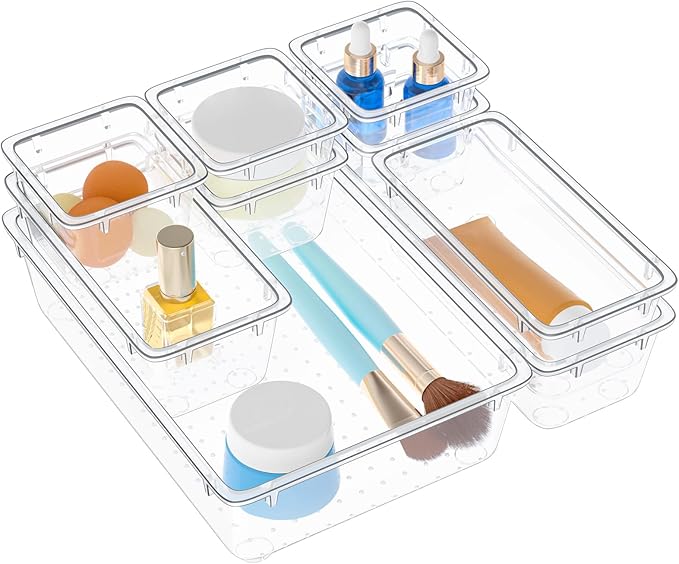 Clear Drawer Organizers of 9 PCS Plastic Drawer Organizer Bins, 4 Sizes Clear Plastic Drawer Organizers and Storage Bins for Bathroom Kitchen Office Organizers and Storage Containers