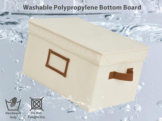 StorageWorks Large Storage Bins with Lids, Decorative Storage Boxes with Lid and PU Handles, Foldable Storage Baskets for Closet, Shelves, Stackable, Ivory White, 3-Pack