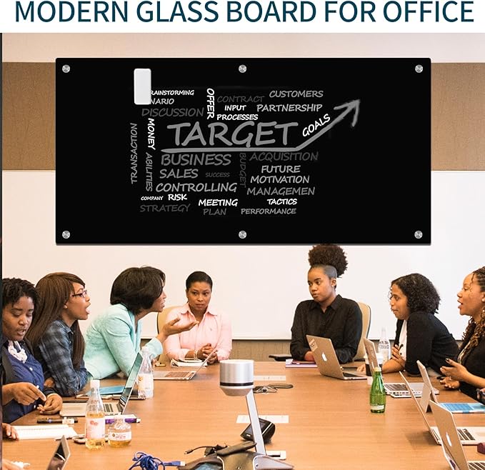 Magnetic Glass Whiteboard, Black Glass Dry Erase Board 6' x 3', Large White Board Frameless for Office Home & School Wall with Magnets, Eraser, Markers