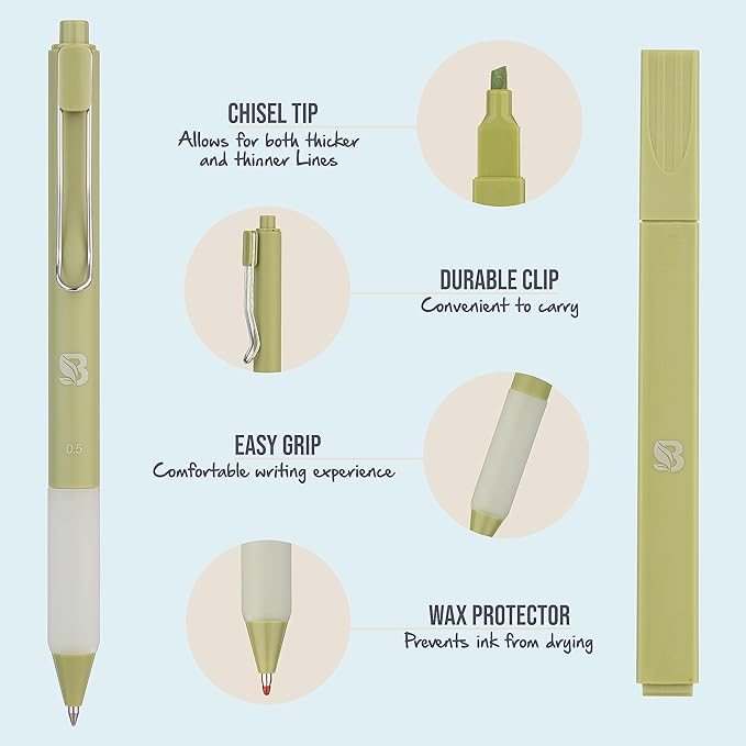 BLIEVE Aesthetic Highlighters and Gel Pens And Soft Tip, No Bleed Dry Fast Easy to Hold, for Bible Journaling Planner Notes School Office Supplies (Earthy)