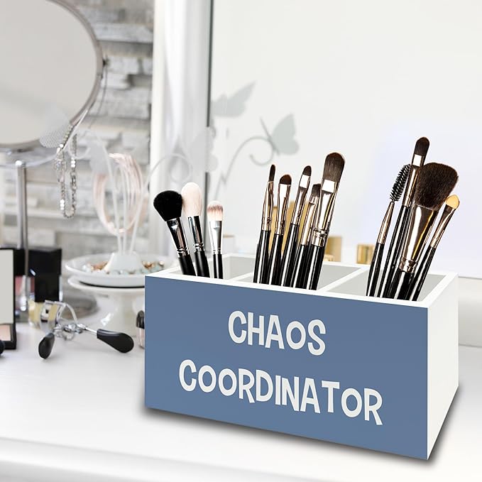 Chaos Coordinator Blue Pen Pencil Holder Organizer for Desk, Thank You Gifts for Women Men Coworkers Boss Leader Manager, Appreciation Gifts Wooden Box Sign for Office Tabletop Decorations