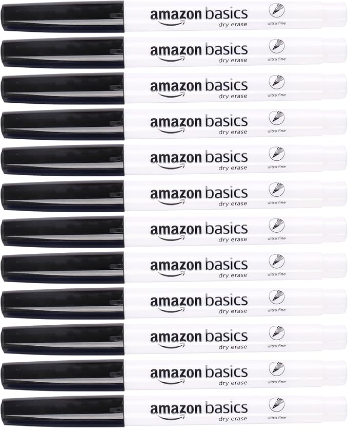 Amazon Basics Low Odor Ultra Fine Tip Dry Erase White Board Markers, Black, 12-Pack