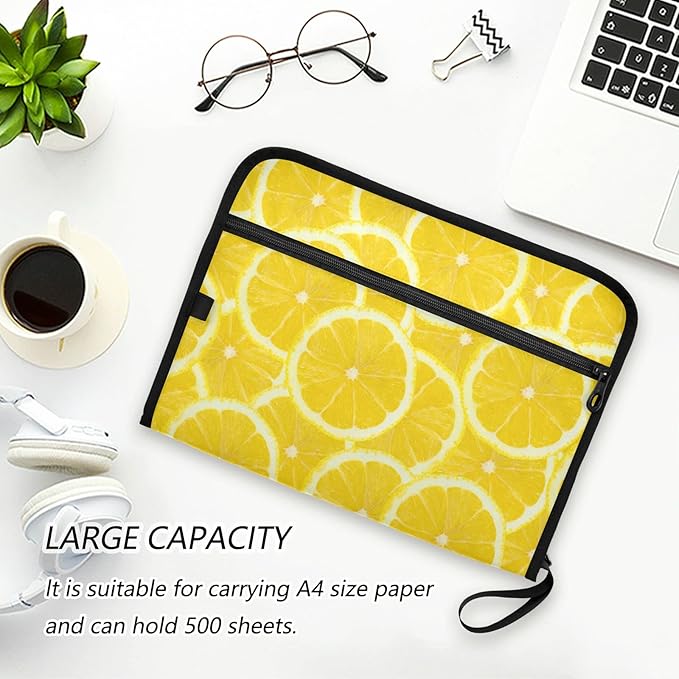 Expanding File Folder - 13 Pocket Accordion File Folders with Sticky Labels, A4 Letter Size Paper Document Organizer with Zipper Closure for Office School Boys Girls,Lemon