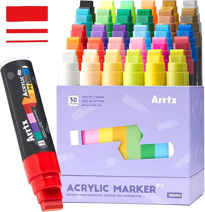 Arrtx 30 Color Acrylic Jumbo Markers 15mm Jumbo Felt Tip, Acrylic Paint Pens for Rock Painting, Stone, Glass, Easter Egg, Wood and Fabric Painting-Acrylic Markers DIY Crafts Making Art Supplies