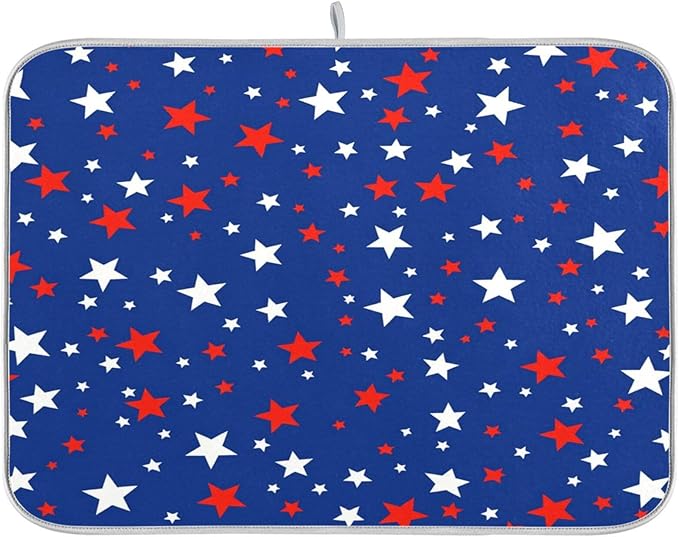USA Patriotic Stars Memorial Dish Drying Mat 18 X 24 Inch Red Blue White Independence Day Dry Dishes Pads Tableware Mats Protector for Kitchen Countertops Counter Home Decorations