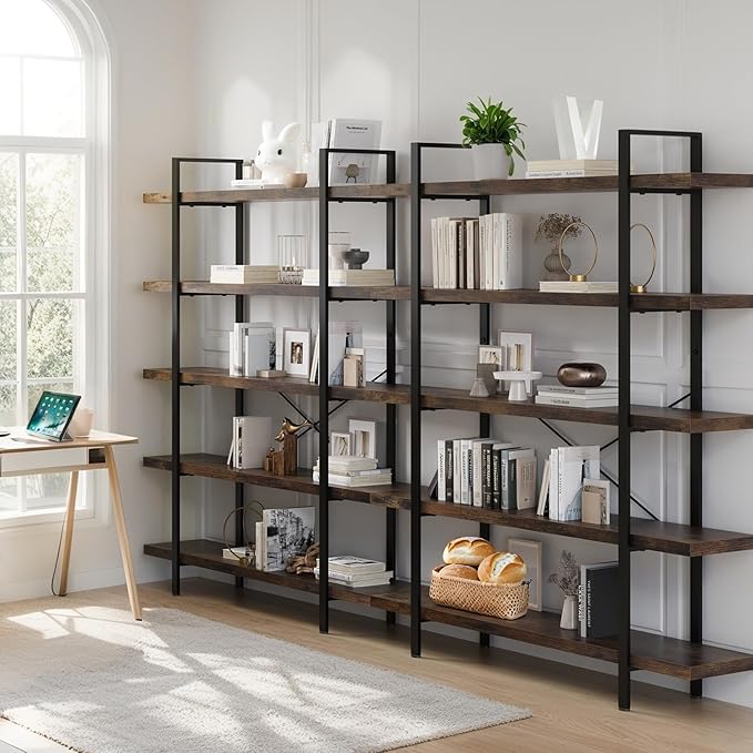 5 Tier Bookcase, 47 Inch Wide Wood Bookshelf, 120lbs Shelf Capacity, Rustic Open Shelving Industrial Display with Reinforced Horizontal Brown Shelves for Living Room Bedroom Office 2 Set