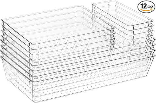 12 Pcs Clear Plastic Drawer Organizer, 12"x 6"x2", 9"x6"x2", 6"x3"x2", Kitchen Bathroom Fridge Utensil Vanity Drawer Organizers Tray Makeup Storage Organizer Drawers Trays for Organization Office