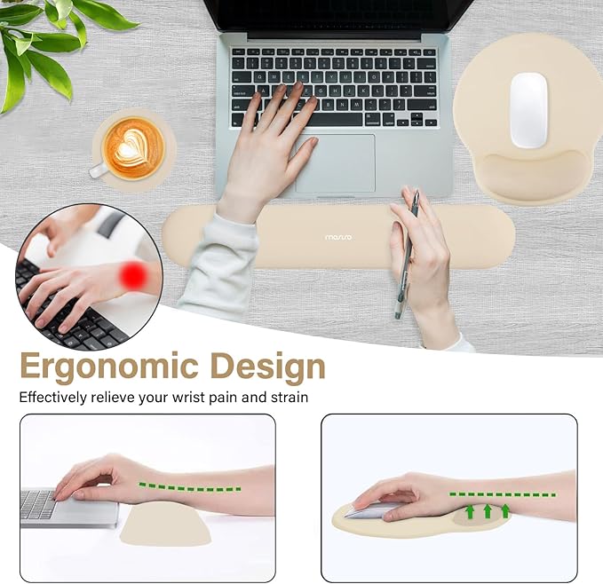 MOSISO Wrist Rest for Keyboard Mouse Pad Set, Large Gaming Deskpad&Circle Curved Mousepad&Keyboard Wrist Rest&Coaster, Ergonomic Non-Slip Mousepad&Easy Typing Pad with Curved Memory Foam, Apricot