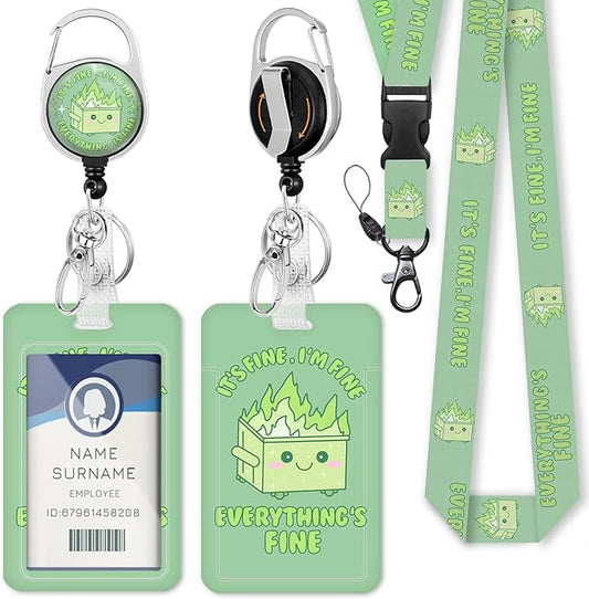 Gctriki ID Badge Holder with Lanyard, Dumpster on Fire Lanyard for Keys, Funny I'm Fine Retractable Badge Reel Clip, Teacher Lanyards for ID Badges Holder, Nurse Teacher Doctor Women Office Gifts
