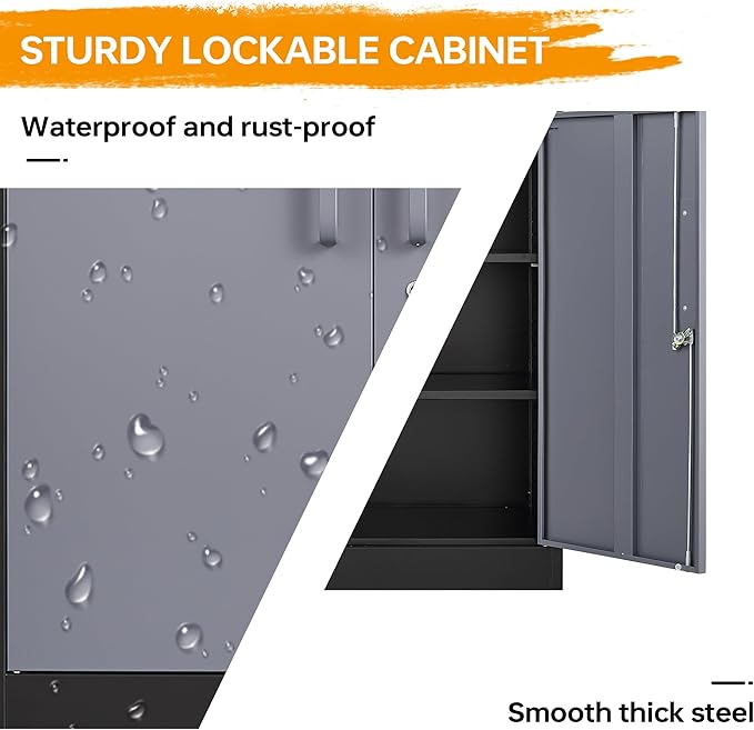 STANI Metal Storage Cabinet with 2 Adjustable Shelves Steel Counter Cabinet with Lockable Doors for Home Office