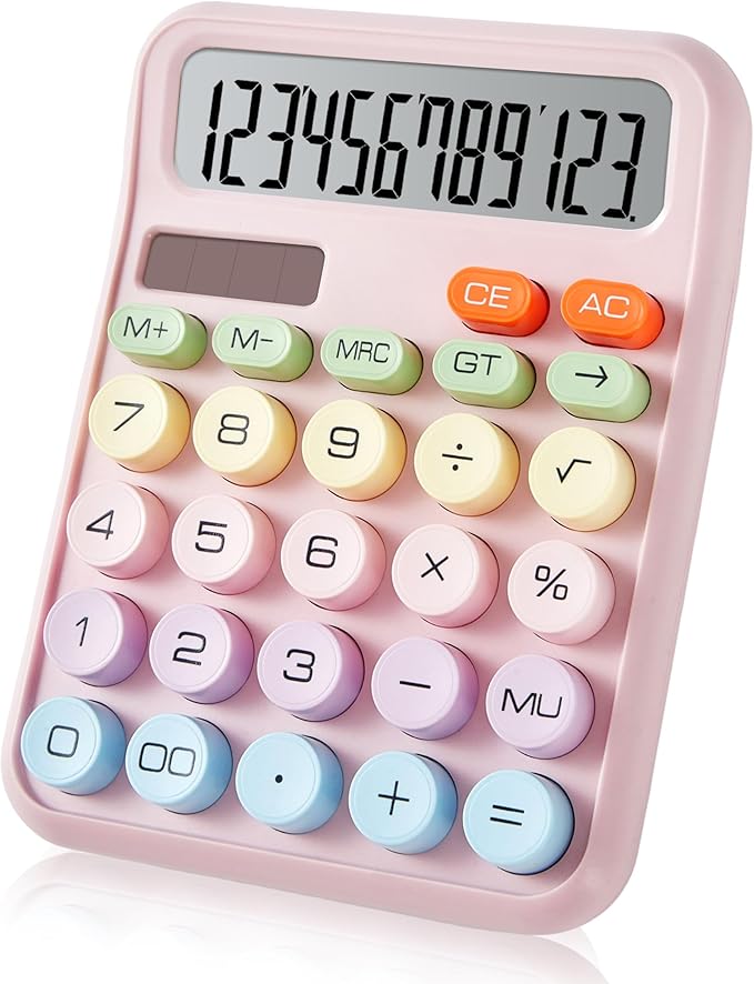Basic Desktop Calculator with 12-Digit Large LCD Display & Big Buttons – Dual Power (Solar & Battery), Easy to Press Mechanical Switch Calculator – Cute Office Desk Supplies for Home and School (Pink)