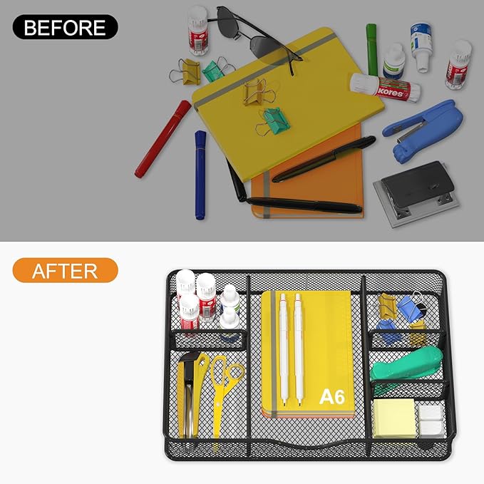 Desk Drawer Organizer Tray, Metal Mesh Drawer Organizer for Office & Home, 6 Adjustable Compartments, Black, 2 Pack - 12.87x8.73x1.96 inch