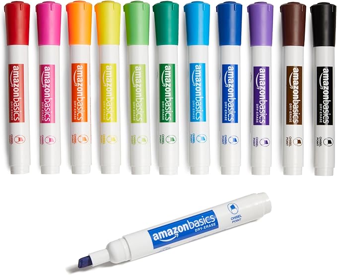 Amazon Basics Dry Erase Markers For Whiteboards, Chisel Tip, Low-Odor, Assorted Colors, Pack of 12
