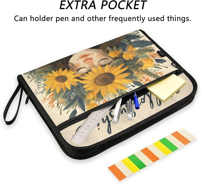 Cute Girl with Sunflowers Expanding File Organizer with 13 Pockets Accordion File Folders with Labels,Portable Document Paper Bill Receipt Organizer,Home College School Office Supplies, Letter