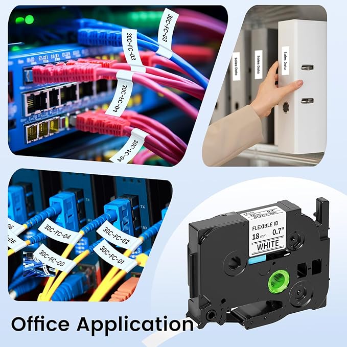 TZe-FX241 Flexible ID Laminated 18mm 0.7 Laminated White Cable Wire Labels Compatible with Brother P Touch for Wire Wrapping and Flagging, 26.2FT/8M for D400/D410/D600/Label Maker Tape, 4 pk