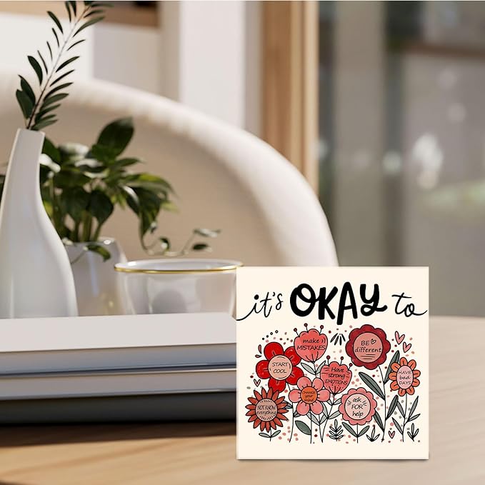 Boho Floral Mental Health Wooden Sign - Therapy Office Must Haves, Self Love Gifts for Women, It's Okay To Inspirational Wood Signs for Therapy Counselor Desk Shelf Tabletop Decor, 5x5 Inches